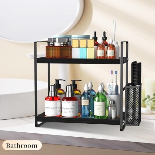 LEMIKKLE Bathroom Organizer Countertop, Counter Organizer for Bathroom Decor, Wooden Sink Shelf for Vanity Storage, Makeup Tray for Perfume Skincare Bedroom Kitchen Corner (Black) - Image 4
