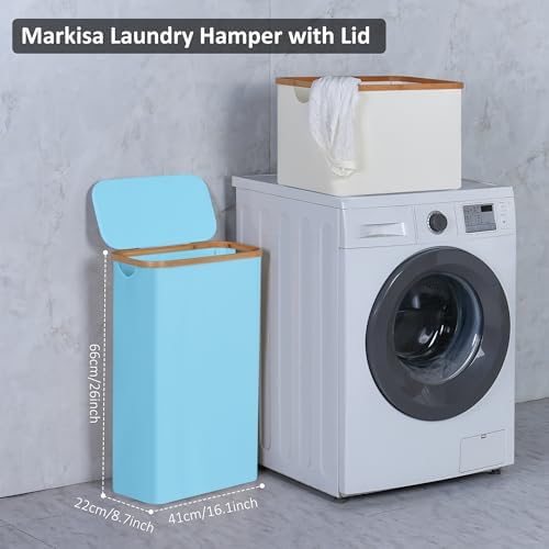 Slim Laundry Basket,60L Laundry Hamper with Lid, Tall Hamper for Laundry,Dirty Cloth Hamper with Bamboo Handle for Toys,Towels, Clothes Organizing, Light Blue - Image 3