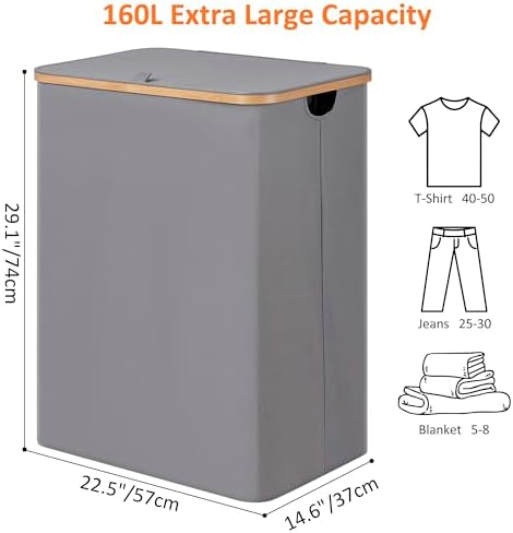 efluky Laundry Hamper 3 Section with lid and 3 Removable Bags, Silver Grey - Image 2