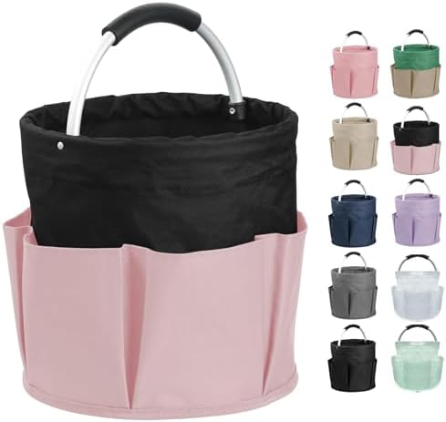 17L Cleaning Supply Caddy for Family, Portable Shower Caddy with Handle and 6 Pockets, Foldable Tool Bucket Organizer, Large Storage Basket for Camping, Gardening, Black with Pink by IHOMAGIC