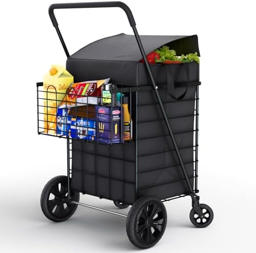 Our Modern Space Shopping Cart w/Waterproof Basket Liner & Large 360° Swivel Wheels | Foldable Collapsible & Lightweight | Perfect for Groceries Laundry Utility Cart - Black by OurModernSpace