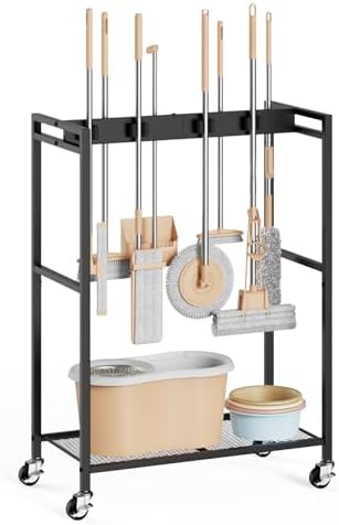 BORISI Broom And Mop Holder, Movable Broom Closet Storage Cabinet, Cleaning Cart with Mop Hanger Gripper Rack, Janitorial Cart, Utility Carts, Laundry Room Organization Home Essentials by BORISI