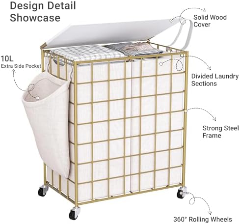 Laundry Basket with Wheels, Heavy Duty Laundry Sorter 2 Sections, 120L (32Gal.) Large Capacity Hamper with Wood Lid, 360 Rolling Wheels, Extra Side Pocket, Leather Pull Handle, Golden+Beige - Image 4