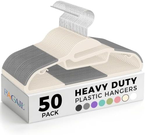 BAGAIL Plastic Hangers 50 Pack with Non-Slip Design,0.2 Inches Thick, 360°Swivel Hook Space Saving Organizer for Bedroom Closet,Shirts,Pants(Beige- S Shaped) by BAGAIL