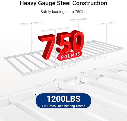 FLEXIMOUNTS 4x8 Overhead Garage Ceiling Storage Rack with 6 Hooks, White - Image 2