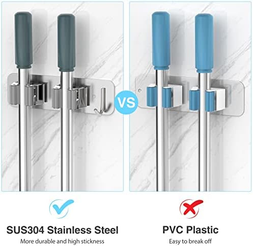 homeasy Wall Mount Mop and Broom Holder, Heavy Duty Stainless Steel Organizer Rack with Hooks | 4-Pack, 2-in-1 No Drill & Screw Installation, Silver - Image 2