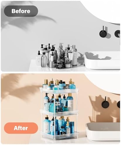 2 Tier Lazy Susan Bathroom Countertop Organizer, 360° Clear Rotating Square Storage Tray, Cosmetics and Perfume Organizer, Spinning Storage Tray Vanity Organizer Shelf for Bathroom Cabinet, Kitchen - Image 6