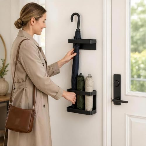 Metal Wall Mounted Umbrella Storage, Umbrella Holder for Entryway, Space Saving Wall Umbrella Rack with Built In Water Tray, Black Metal Umbrella Organizer for Home Office Foyer - Image 5