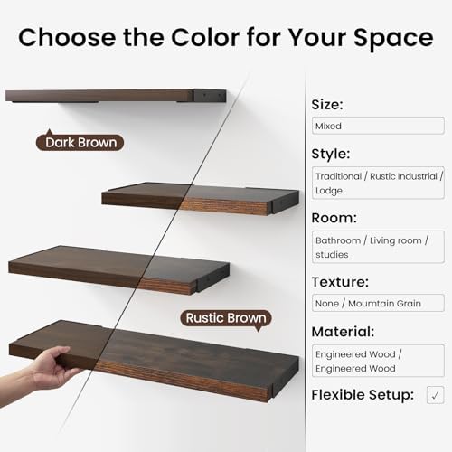 BAYKA Floating Shelves for Wall, Wood, Dark Brown, Set of 3, 16in - Image 6