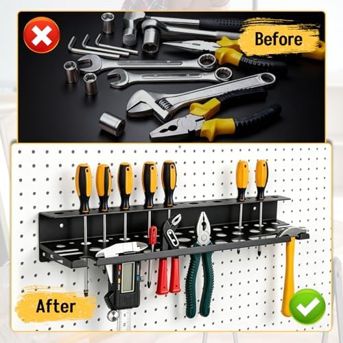 Metal Screwdriver Organizer, 15.75inch Utility Wall Mount Tool Organizer for Screwdrivers Pliers Holder with 35 Holes, Hand Tool Storage Rack for Workbench, Garage, Warehouse (Black, 2 Layers) - Image 4
