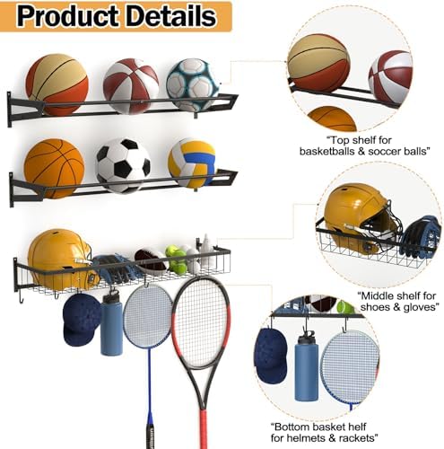Ball Metal Holder Wall Mount Sports Organizer with 3Tier Shelf Garage Basketball Rack for Balls, Multi-Purpose Wall Ball Storage, Racks for Garage, Equipment Organizer with 6 Hooks, Metal Black（black） - Image 2