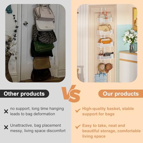 Dmevkic Purse Organizer Over the Door,Adjustable Metal Purse Holder Handbag with 5 Hooks, Purse Organizer for Closet, Bathroom Door Organizer,White - Image 2