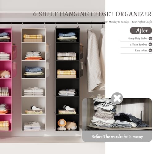 Hanging Closet Organizer and Storage with Bamboo Support, 6-Shelf Closet Hanging Storage Shelves, Closet Organizers Easy Mount Foldable for Bedroom(Black) - Image 6
