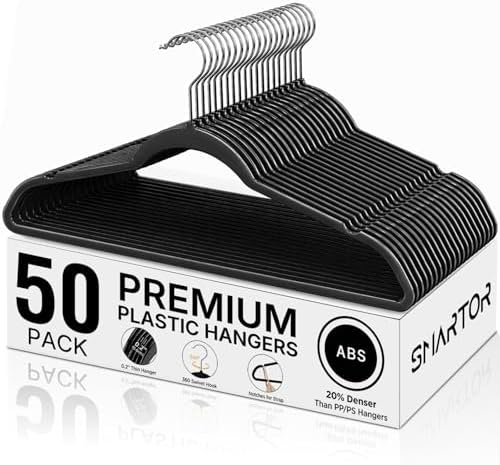 SMARTOR Plastic Hangers 50 Pack, Heavy Duty Plastic Hangers for Clothes | Non-velvet Slim Hangers with 360° Swivel Hook & Clothes Thin Hanger - Durable Coat Hangars, Space Saving Hanger - Black by Smartor