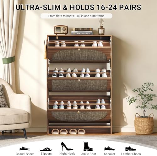Nicetree Rattan Arched Accent Shoe Storage Cabinet - Freestanding Ultra Slim for Entryway, 3 Flip Drawers & 3-Tier Adjustable Shelves, Farmhouse Modern Rustic Shoe Rack for Hallway, Foyer, Living Room - Image 5