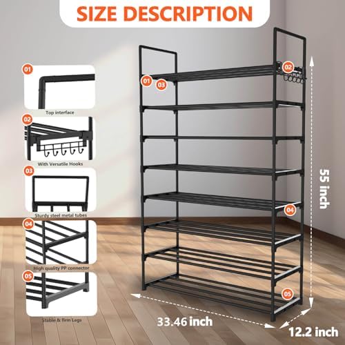 Hsscblet 8-Tier Metal Shoe Rack for Closet and Entryway with Hooks, Black - Image 2