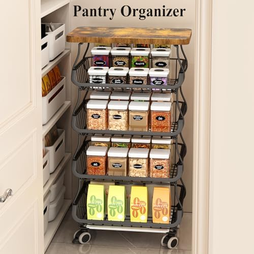 SAYZH 5-Tier Fruit and Vegetable Basket Stand for Kitchen, Wood Top, Black - Image 5