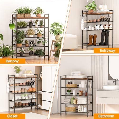 5 Tier Shoe Rack, Shoe Rack for Entryway with Hook, Shoe Organizer with Adjustable Mesh Shelves, Metal Shoe Storage, Closet, Bedroom Living Room Garage - Image 7