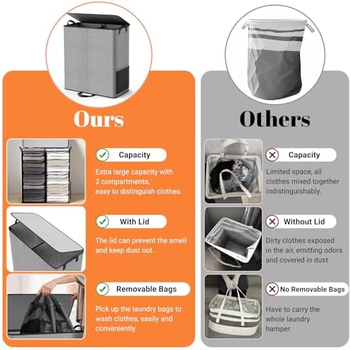 155L 2 Section Laundry Hamper with Lid, Laundry Basket, Gray - Image 5