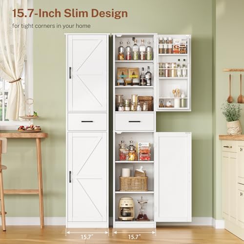 TEENFON Tall Storage Cabinet with 3 Door Shelves & 1 Drawer, Narrow Kitchen Pantry Cabinet for Living Room, Bathroom, Entryway, White - Image 4
