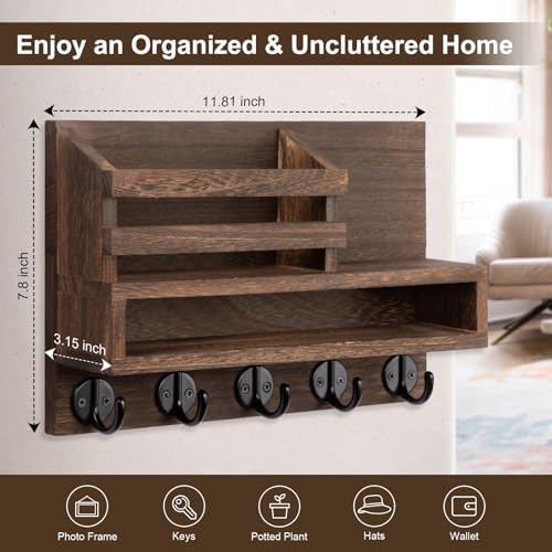 Key and Mail Holder Wall Mount, Key Hanger with Long Storage Box and 5 Hooks for Coat, Dog Leash, Home Decor Rack, House Accessories, Entry Way Organizer 11.8”W x 7.8”H x 3.2”D - Image 2