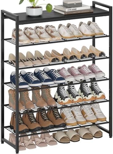 6 Tier Shoe Rack Organizer for 24-30 Pairs, Tall Metal Shoe Storage Shelf with Wood Top, Adjustable Boot Space, Narrow Design for Entryway Closet,Black by Unknown