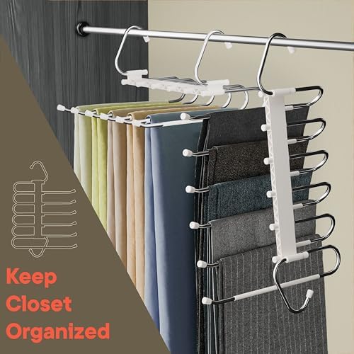 Campior Space Saving Pants Hangers 4 Pack, 6 Layer Jeans Hangers and Closet Organizer for Jeans, Scarves, & Skirts, Multi-Layer Hanger with Anti-Slip Stopper, Heavy-Duty S-Type Stainless Steel, White - Image 6