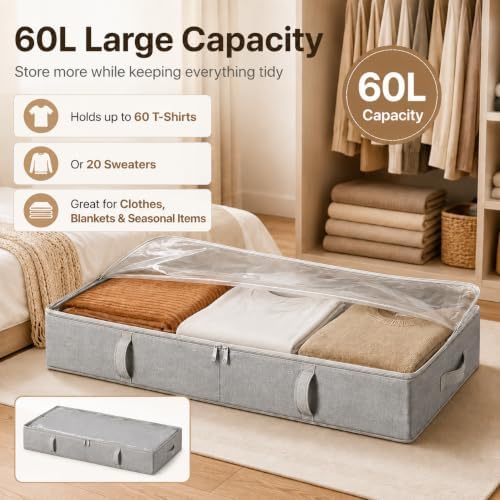 Side-Supported Under Bed Storage Containers, 6 Inch 60L Clothes Storage Bin | Underbed Storage Bin with Sturdy Handles and Sidewalls, Closet Organizer for Clothes, Blankets, Seasonal Items, Gray, 2 Pack - Image 2