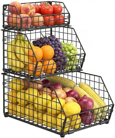 3-Tier Fruit Basket for Kitchen Counter, Stackable Wire Baskets Wall, Potato and Onion Storage Bins, Pantry Organizers, Pantry Storge and Storage for Potato, Onion, Produce, Fruit, Vegetable, Snack by Yuzehuaza
