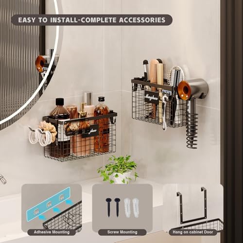 Magheo Hair Dryer Holder Cabinet Door 3-in-1 Adhesive Hair Tool Organizer Wall Mounted Adjustable Height Blow Dryer Holder Under Sink Bathroom Hair Appliance Organizer and Storage Countertop(Black) - Image 2