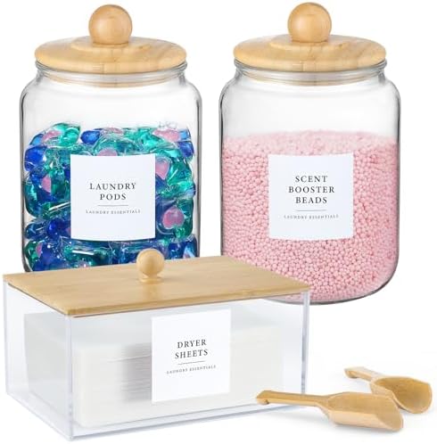 Glass Jars and Dryer Sheet Holder with Bamboo Lids, Dispenser Set and Labels, Containers for Laundry Room Organization and Storage, Half Gallon Airtight jars, Acrylic Storage Box for Laundry supplies by MakeLifeBetterEasier