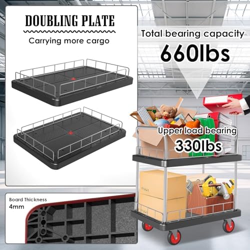 2 Shelf Utility Service Cart- 660lbs Capacity Heavy-Duty Plastic Rolling Utility Carts with 4 of 360° Swivel Wheels and Handle, Large Service Cart for Groceries,Warehouse,Garage 34.6''x 22.8'' - Image 2