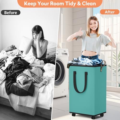 SpaceTrove Rolling Laundry Basket with Wheels, Laundry Hamper, 80L, Green - Image 5