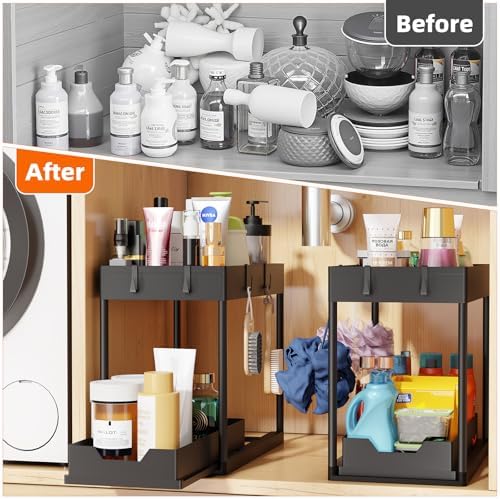 Simple Trending Under Sink Organizer 2 Pack, Sink Pull-Out Sliding Storage Cabinet, 2-Tier Under Shelf Organizer for Kitchen Bathroom, Black - Image 3