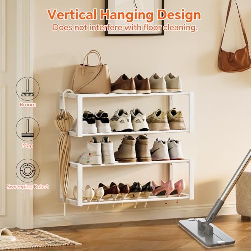 Homeiju Hanging Shoe Organizer,2 Pack Wall Mounted Shoe Rack Holds 12 Pairs,Space Saving Metal Wall Shoe Rack,Hanging Shoe Rack Shoe Holder for Small Space,Entryway,Closet,RV,Camper (White - Image 6