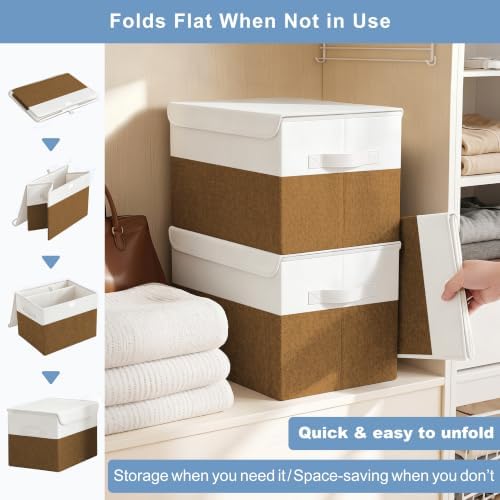 Large 17" 42 Quarts Collapsible Stackable Storage Bins with Lids [3-Pack] Foldable Fabric Linen Storage Boxes Cube, Closet Organizer Baskets with Label for Home (16.7 x 12 x 12", Brown & White) - Image 7
