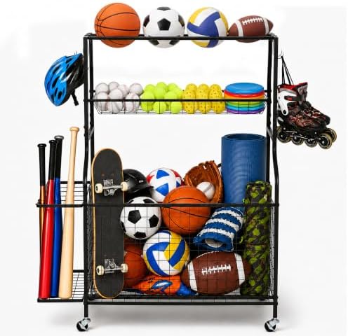 DuraMax Sports Storage Rack for Garage with Wheels, Ball Storage Rack and Sports Equipment Storage Rack, Garage Sports Organizer with Mesh Bin, Basket, Hooks and Bat Rack by DuraMax
