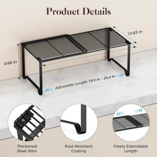Extendable Metal Wire Shelf Organizer - Adjustable 15-24.4in Length, Stackable Storage Rack for Kitchen/Pantry/Bathroom/Shoe Cabinet/Tool Closet (1,Black) - Image 2