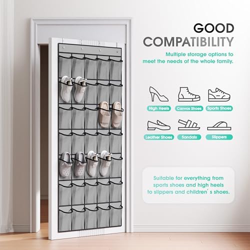 WVM Over the Door Shoe Organizer with 35 Breathable Mesh Pockets, Hanging Shoe Organizer for Door with 4 Metal Hooks, Large Capacity Closet Storage for Shoes, Accessories, Grey - Image 2