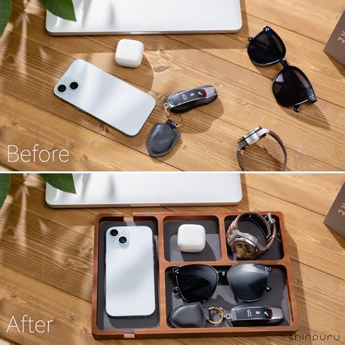Shinpuru Wooden Valet Tray for Men, Nightstand Organizer with Leather Inlay, EDC Essentials Catchall Tray for Keys, Phone, Wallet, Watch, Earbuds - Bedside Desk Entryway Tray (Wood) - Image 6