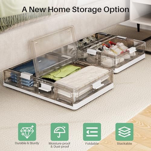 Kitstorack Clear Plastic Under Bed Storage Containers Bins with Lids and 8 Pre-installed Wheels,37.8 Qt, Rolling Foldable Flat Under Bed Organizer Boxes for Clothes Shoes Clothing Bedroom - Image 3