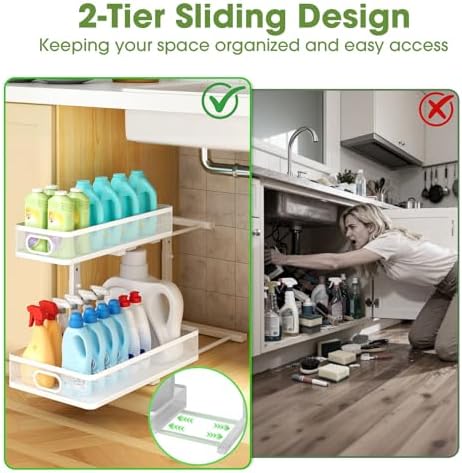 Under Sink Organizer 4-Pack, Metal 2-Tier Pull-Out Cabinet Shelf with Slide-Out Mesh Drawers, Height Adjustable, Space-Saving Storage Racks for Kitchen, Bathroom, Laundry Room, White - Image 4