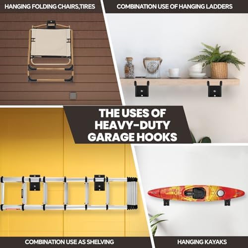 14" Large Heavy Duty Garage Hooks, 2-Pack Steel Garage Storage Hooks with Support Rods, Utility Wall Mount Hangers for Power Tools, Car Tires, Ladders, Chairs, Garden Tools and More - Image 4