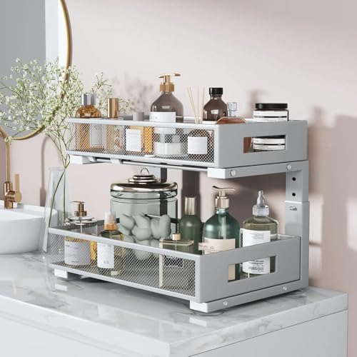 1 Pack 17IN Depth Under Sink Organizer, 2-Tier Pull Out Cabinet Organizer With Smooth Circular Rail, Large Capacity Metal Mesh Sliding Drawers For Bathroom& Kitchen Storage,Height Adjustable-Gun Gray - Image 5