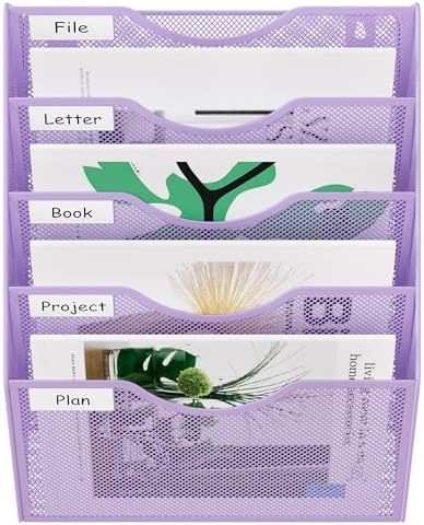 EasyPAG Wall File Organizer 5 Tier Hanging Paper Folder Holder, Zero Assembly Metal Mesh Wall Mounted Mail Organizer for Office Home Classroom Narrow Spaces, Puple - Image 6