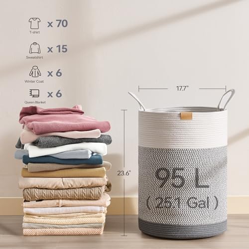 Nunsino Laundry Hamper 95L,Large Laundry Basket for Clothes,Decorative Storage Basket for Blankets,Cotton Rope Woven basket for bedroom,Grey White - Image 6