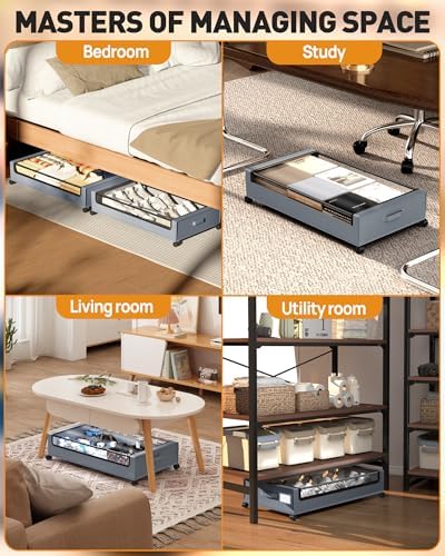 Under Bed Storage with Wheels, Square Under Bed Storage Containers, 4 Pack Under The Bed Storage Bins, Under Organizer with Clear Lids-60L Rolling Underbed Storage For Clothes, Shoes... - Image 3