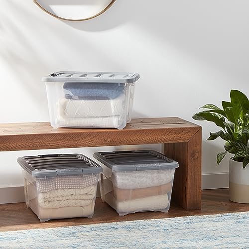 Amazon Basics Plastic Storage Containers with Secure Latching Lids, Stackable Organization Bins, Clear/Grey, 32 Quart, Set of 6 - Image 2