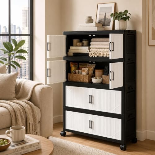 4 Tier Foldable Storage Cabinet with Wheels and Magnetic Doors, Premium PP Material Large Storage Organizer, Space-Saving Utility Storage for Home, Apartments, Dorm, Office, Rv - Image 5