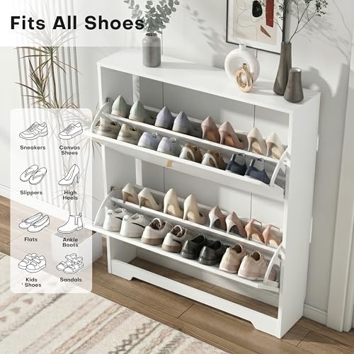 Nicetree Shoe Cabinet with 2 Flip Drawers, Modern Entryway Organizer, White - Image 3